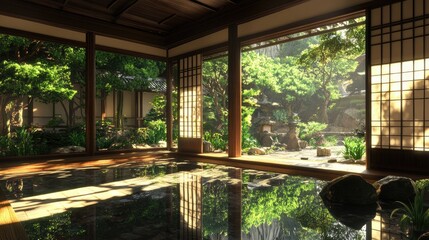 Fototapeta premium Tranquil interior of a Japanese garden showcasing serene architecture and lush greenery in a shrine setting.