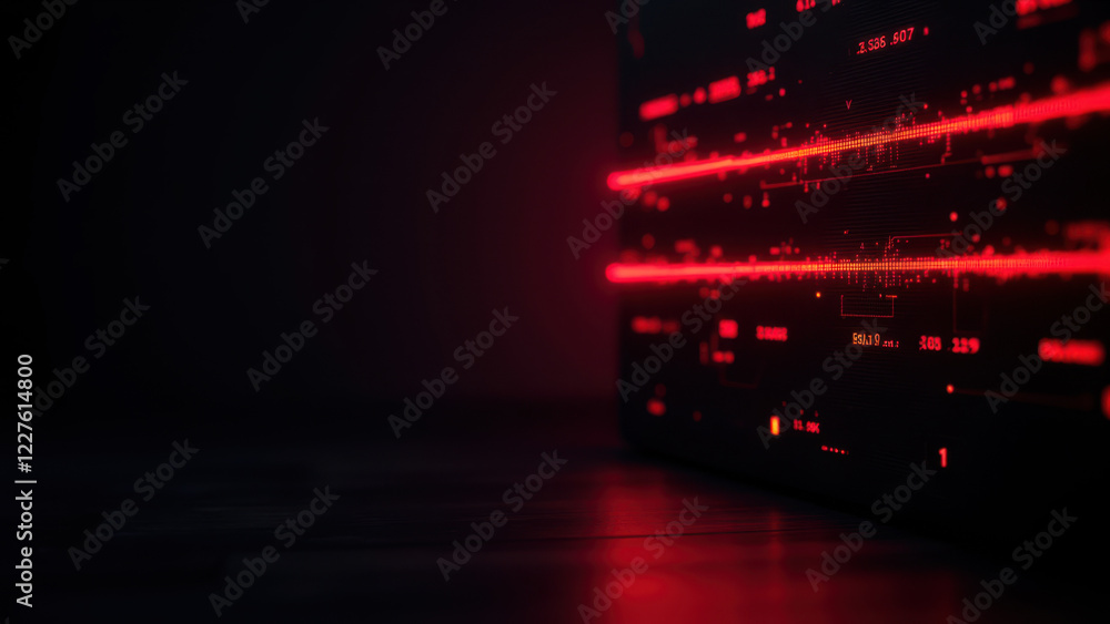 Poster close-up view of a glowing computer motherboard with red led lights.