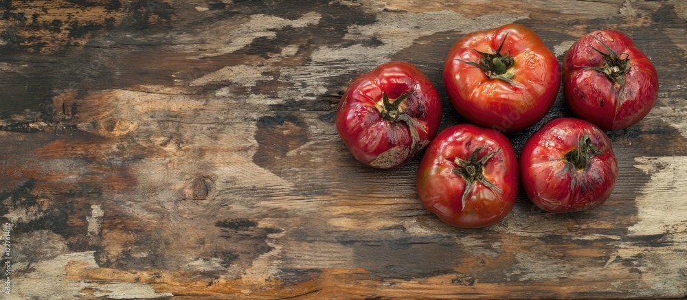 Poster freshly cut ripe red tomatoes arranged on rustic wooden surface with ample space for text and design
