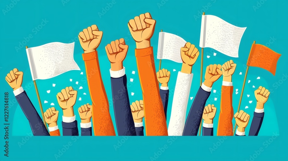 Aufkleber Illustration of diverse hands raised in unity with protest banners in the background Stock Photo with side copy space