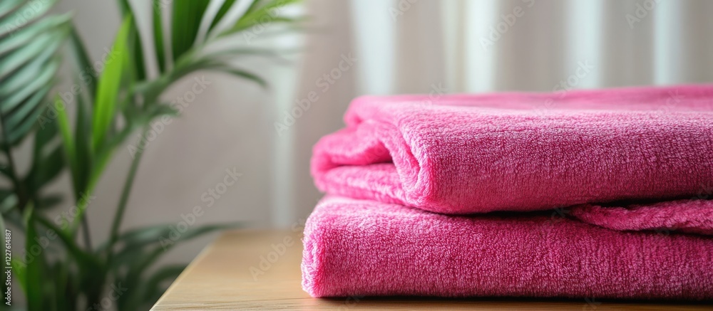 Poster soft hot pink chenille blankets neatly stacked on a wooden table with greenery and blank space for t