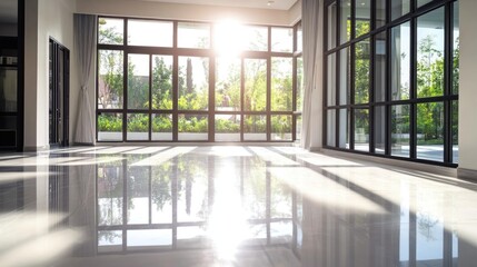 Obraz premium Modern spacious apartment interior with large glass walls showcasing natural light and contemporary design elements luxury living space