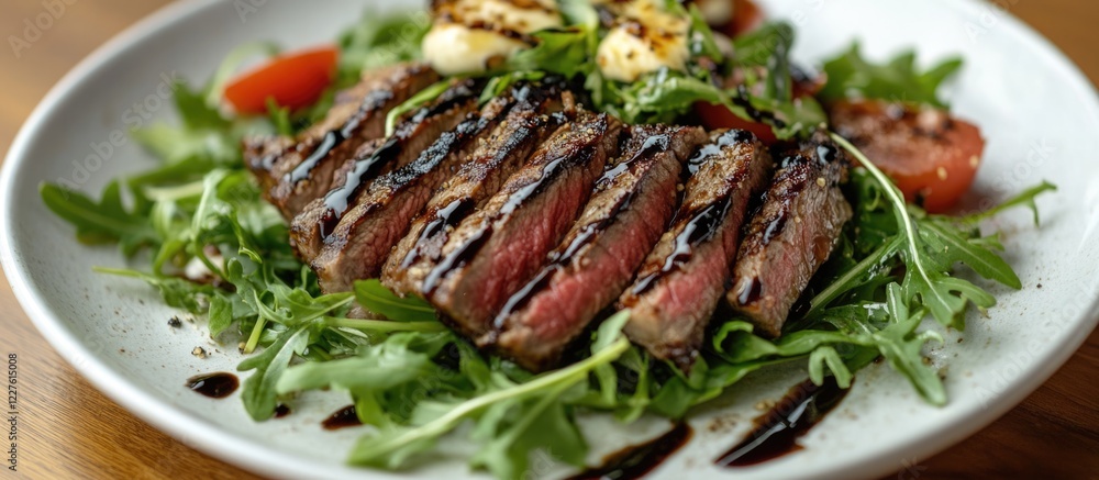 Poster grilled steak on arugula served with balsamic glaze and toppings on a plate with space for text or p