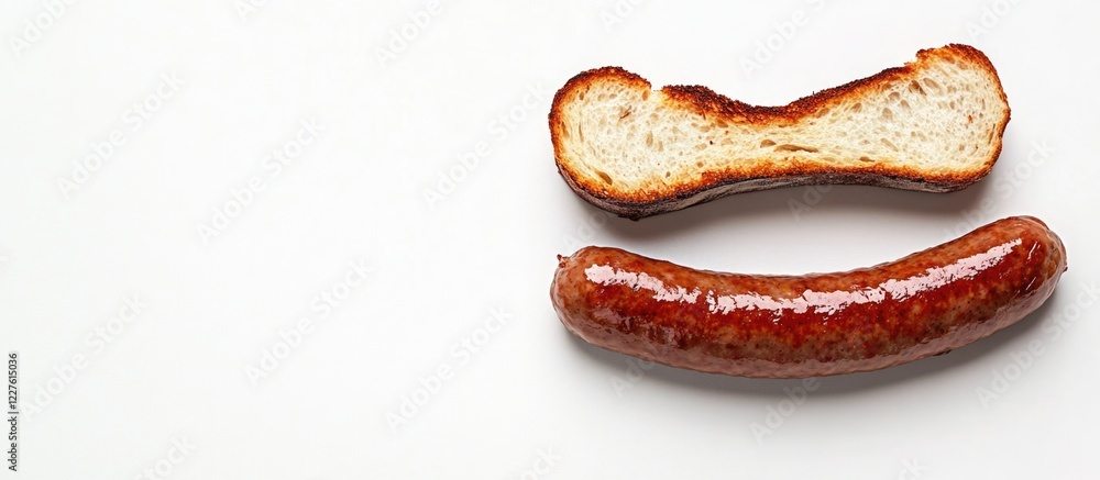 Poster grilled sausage and crusty toasted bread on white background with empty space for text in food adver