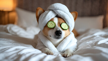 A cute dog dressed in white robe, with towel on it head and with a pieces of cucumber on its eyes relaxing on the bed at home. Top down view. Beauty ritual. Therapeutic laziness, bedrotting