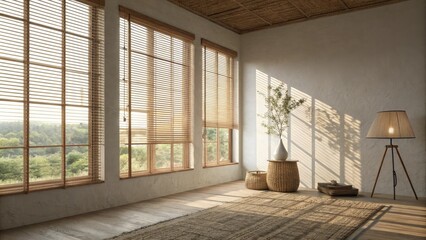 Obraz premium Gentle morning light peeking through wicker blinds, vintage sunbeams background, vintage style, cozy atmosphere, natural light, woven design