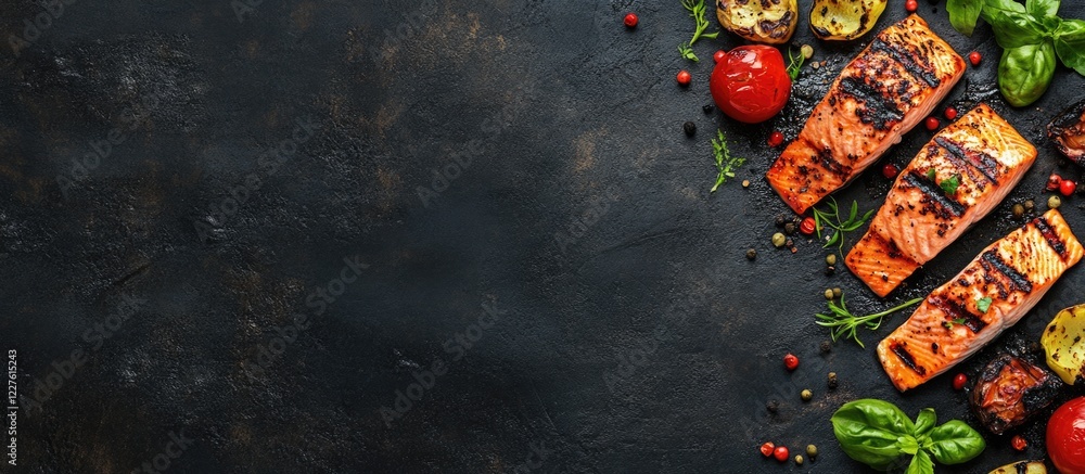 Poster grilled salmon fillet served with colorful assorted vegetables on dark background with empty space f