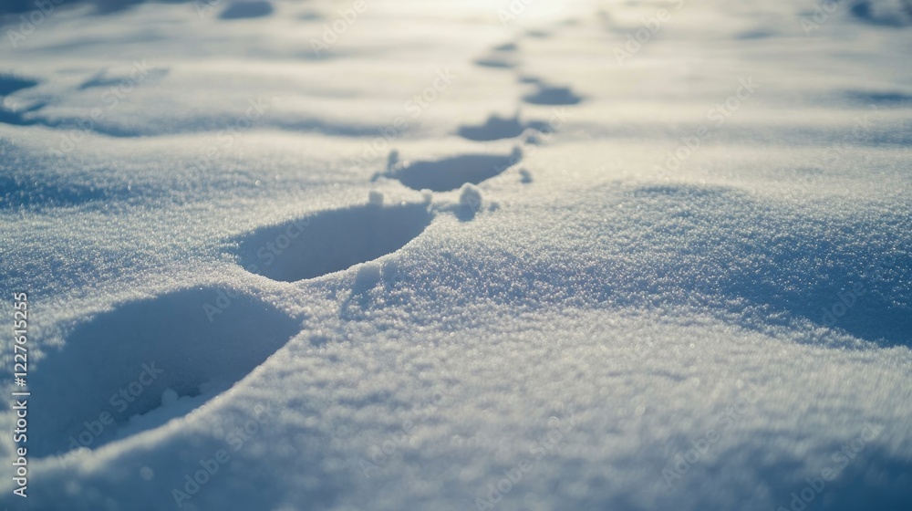 Aufkleber winter footprints in fresh snow abstract texture with empty space for text and light reflections in 