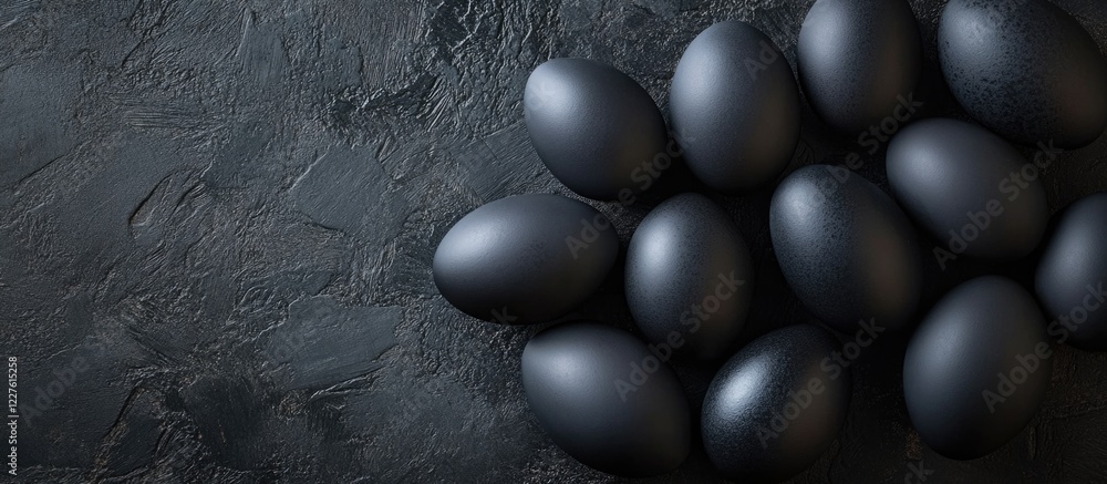 Poster black easter eggs arranged on a dark surface with ample empty space for text and design elements for