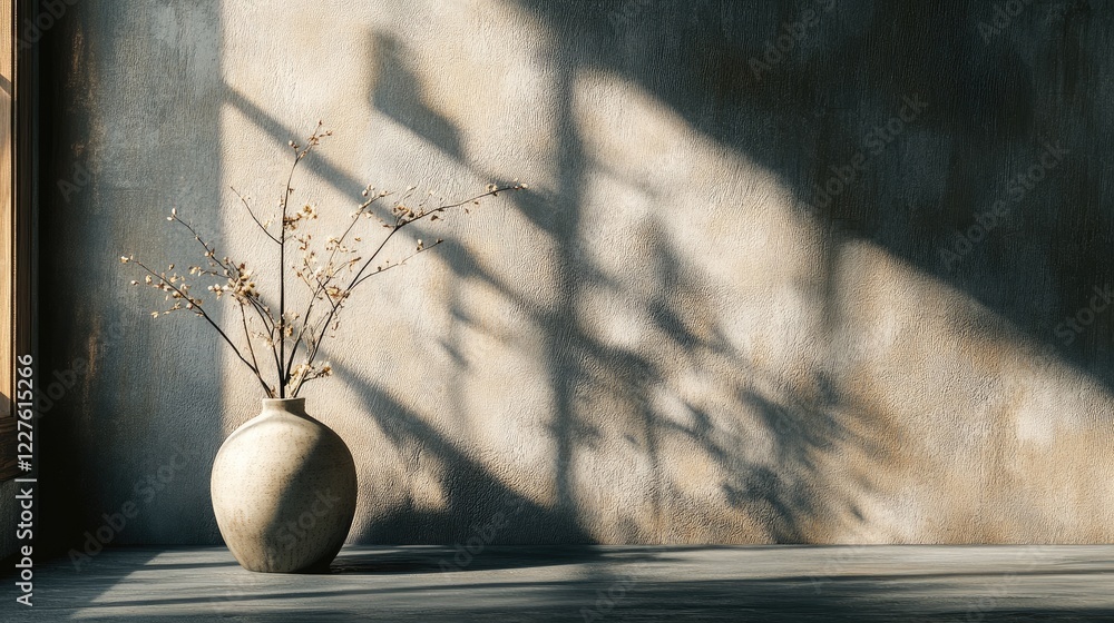 Poster minimalist still life with textured wall showcasing natural light and shadows creating a tranquil an