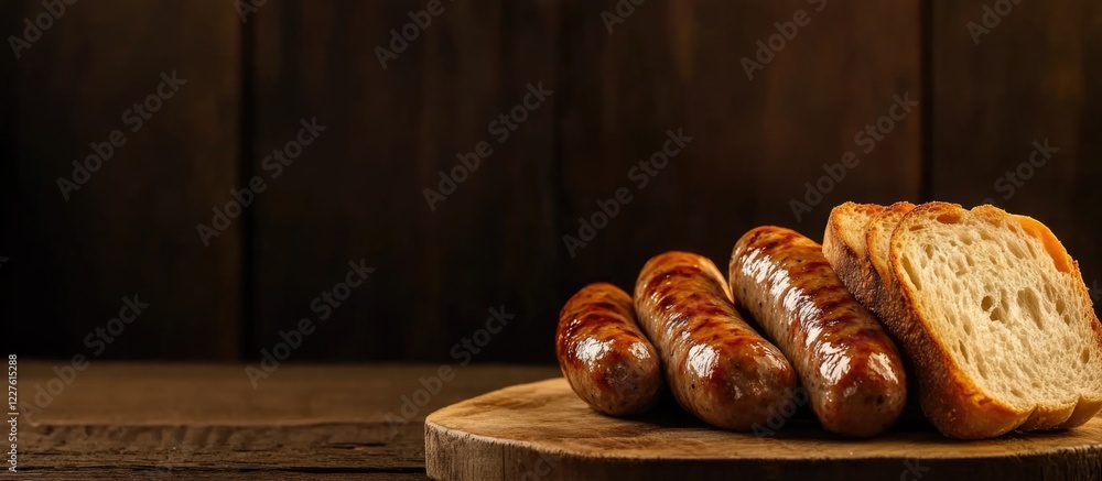 Poster grilled sausages on a wooden board with crusty bread and empty space for text in a rustic kitchen se