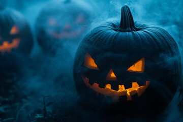 Glowing Jack-o'-Lanterns in a Spooky Forest Under Full Moon with Flying Bats and Autumn Leaves Creating an Eerie Halloween Night Atmosphere