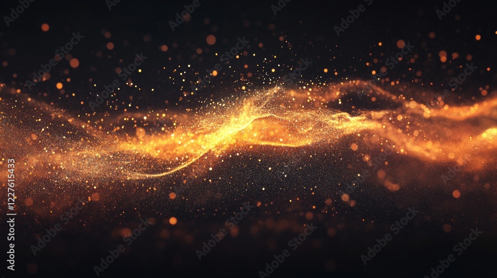 Aufkleber elegant particles flowing in a warm golden wave on a dark background for artistic and abstract desig