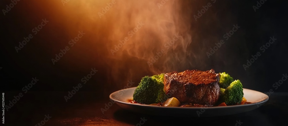 Poster grilled steak and broccoli on a plate in moody lighting with space for text showcasing culinary pres