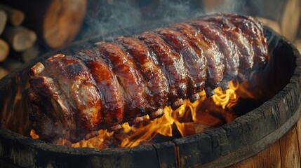 Savory Barbecued Pork Ribs Cooking Over an Open Flame in a Rustic Wooden Barrel