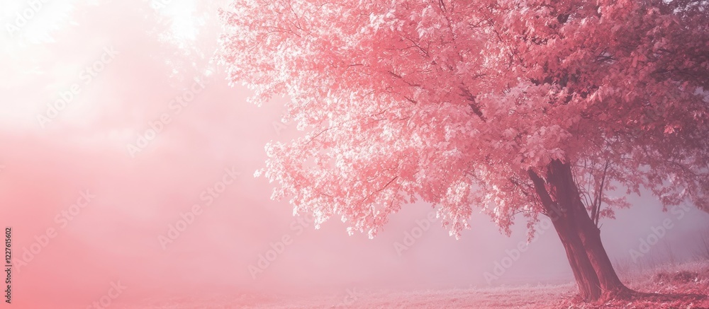 Poster serene white maple tree in pink foggy forest at sunrise with soft autumn hues and empty space for te