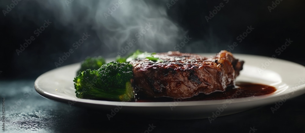 Poster grilled steak with broccoli on a white plate in low light setting showcasing steam and empty space f