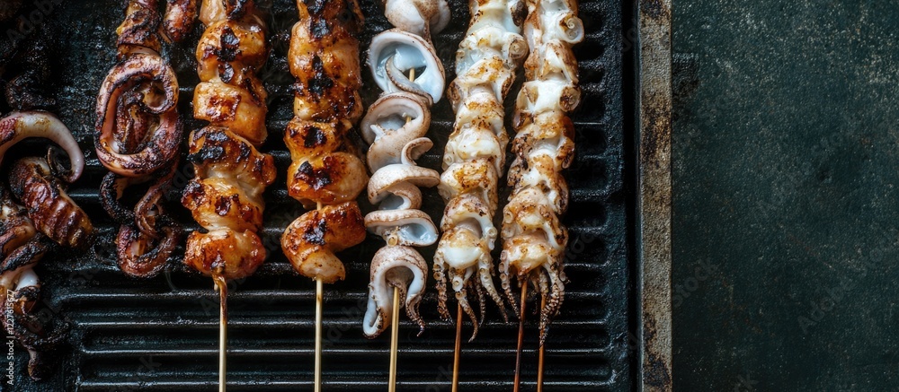 Aufkleber grilled assorted squid skewers on a charcoal grill with space for text showcasing delicious seafood 