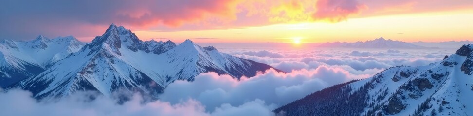 Obraz premium Dense snow-covered mountains with misty sunrise backdrop, cold, peaks