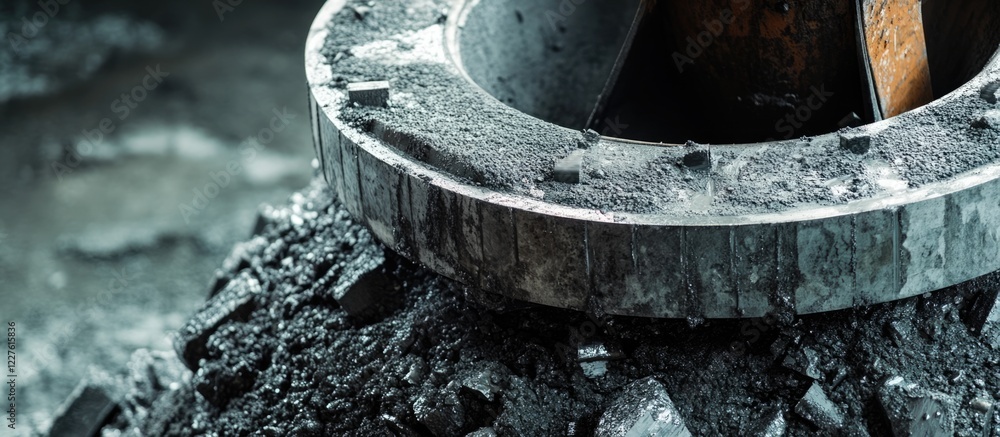 Poster grinding and mining machine focused on industrial preparation at construction site with space for te