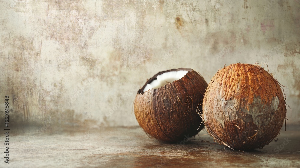 Poster unhealthy coconuts with textured background showcasing signs of infection and deterioration in a rus