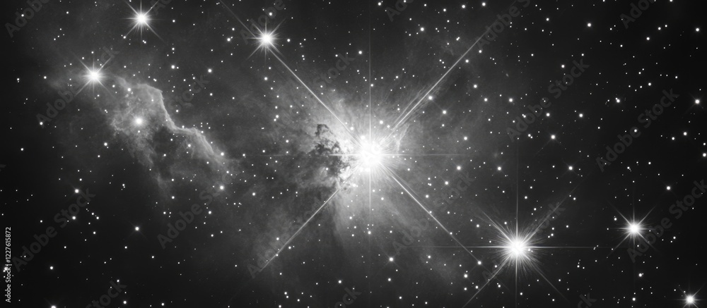Poster cosmic scene of grey nebulae and stars in space with blank area for text overlay