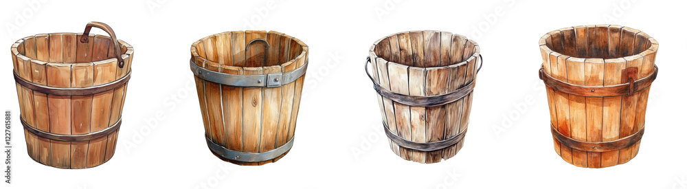 Aufkleber an illustration showcasing four variations of wooden buckets with iron bands, differing in color and