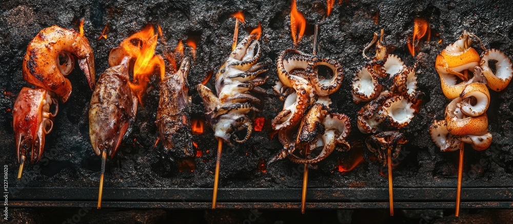 Poster grilled assorted squid skewers on charcoal grill with vibrant flames and blank space for text or adv