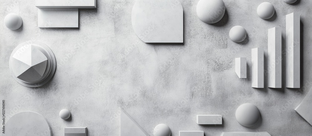 Poster abstract grey geometric shapes in various forms on white surface with ample empty space for text or 