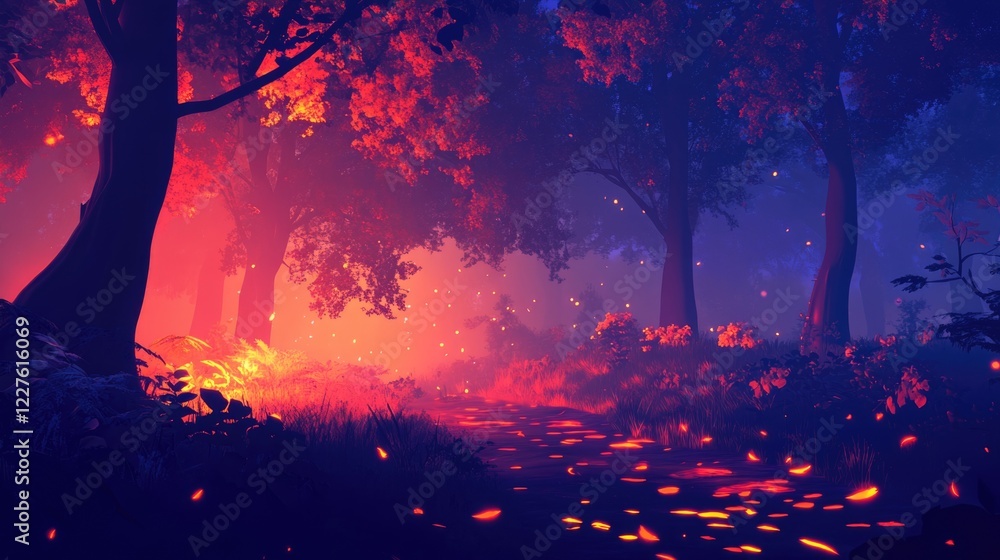 Poster misty forest pathway with tall illuminated trees and glowing foliage in a fantasy setting ideal for 