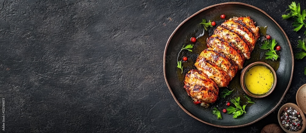 Aufkleber grilled lobster fillet with butter sauce on dark background with copy space for text