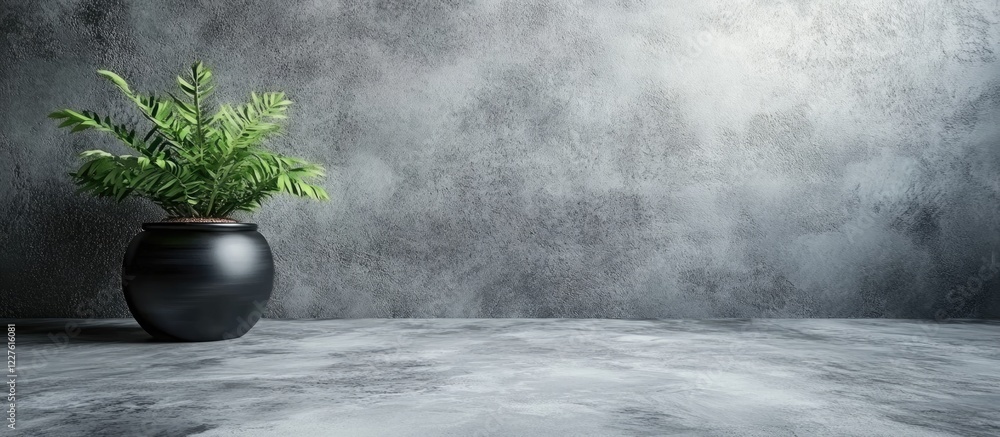 Poster textured grey concrete floor with stone finish and potted plant in a minimalistic setting for blank 