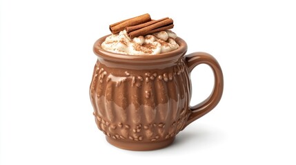 Rich Hot Chocolate in Decorative Mug with Cinnamon Sticks Topping Isolated on White Background
