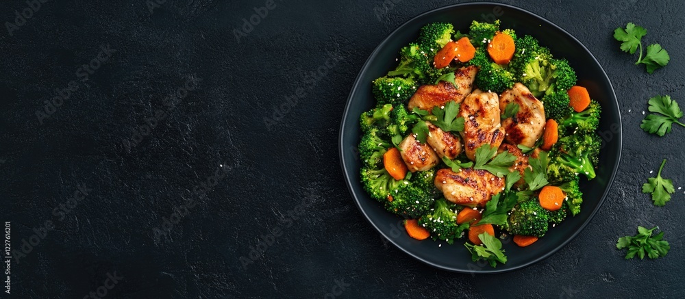 Aufkleber grilled chicken served with broccoli and carrots on dark surface with copy space for text
