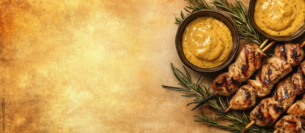 Poster grilled chicken liver skewers served with mustard sauce on a rustic background with empty space for 