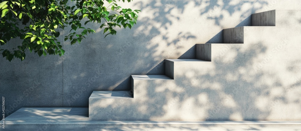 Poster grey concrete stairs with shadows and greenery under sunlight creating a serene atmosphere with blan