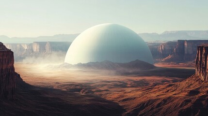 Futuristic white dome structure in a vast canyon landscape with sweeping desert winds and empty space for text or branding
