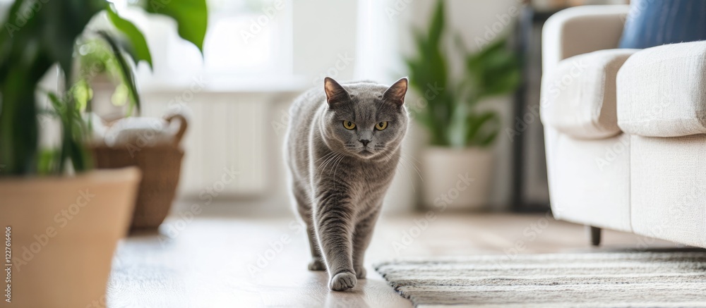 Aufkleber grey cat strolling through a stylish living room surrounded by plants with ample empty space for add