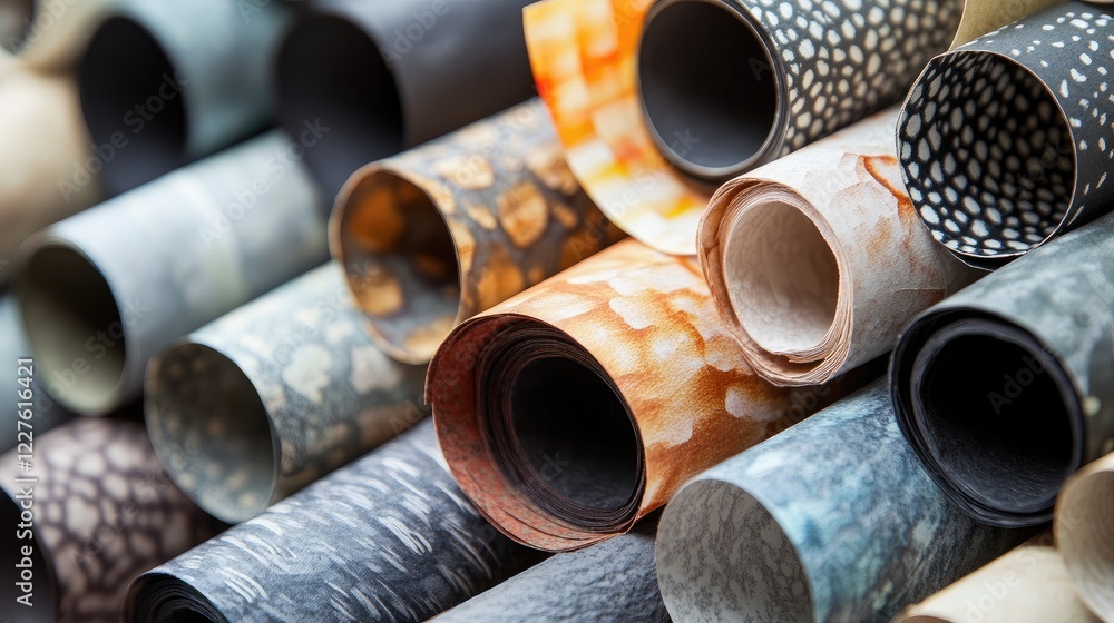 Poster colorful paper rolls showcasing unique textures and patterns arranged in an attractive horizontal di