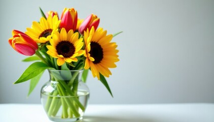 colorful mix of tulips and sunflowers in a vase, arrangement, sunflowers