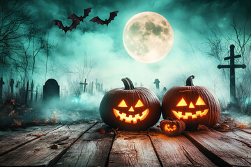 Glowing Jack-o'-Lanterns in a Spooky Forest Under Full Moon with Flying Bats and Autumn Leaves Creating an Eerie Halloween Night Atmosphere