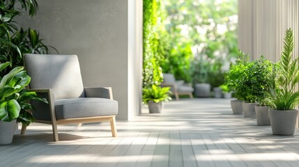 Bright and airy terrace with modern grey chairs and greenery planters creating a serene atmosphere perfect for relaxation and open for text placement