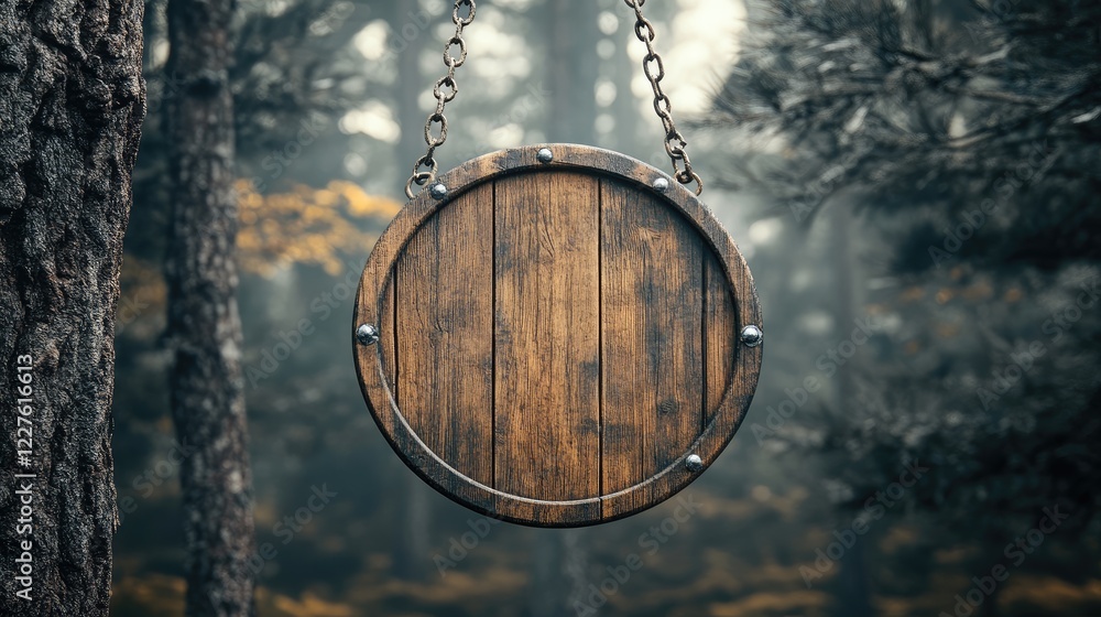 Poster rustic round wooden sign hanging in a misty forest with blurred trees creating a serene and natural 