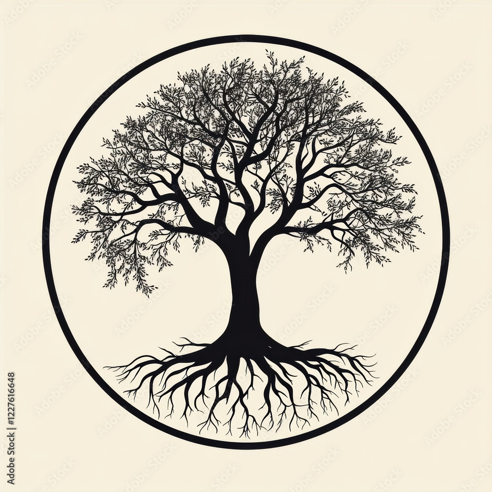 Poster symbolic representation of tree of life with intricate roots and branches in a circular design for n