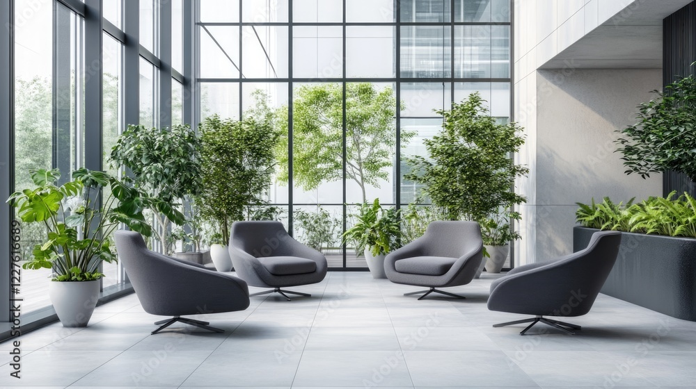 Aufkleber modern indoor atrium with grey seating and vibrant greenery creating a serene atmosphere suitable fo