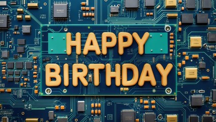 Happy birthday celebration on a circuit board electronic theme digital art vibrant colors