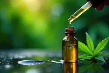 Cannabis plant with dropper bottle submerged in water, CBD oil extraction, nature