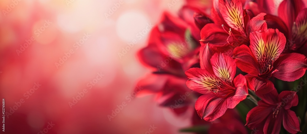 Aufkleber vibrant red alstroemeria flowers against a colorful blurred background with ample empty space for te