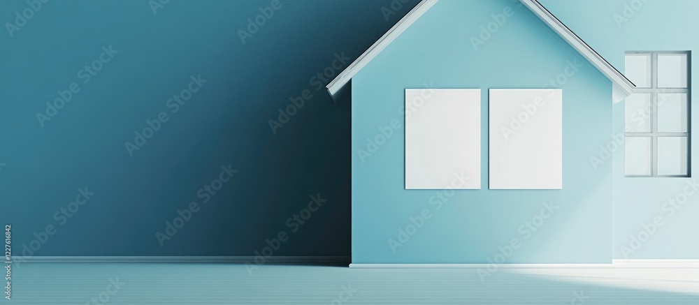 Poster blue house interior with empty wall space and two windows ideal for text overlay and design concepts