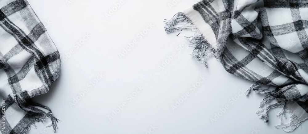 Poster grey checkered scarf with frayed edges on white background with ample copy space for text and design